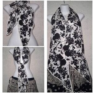 Ann Taylor 100% Silk Monochrome Floral Print Scarf Black White Office Mature